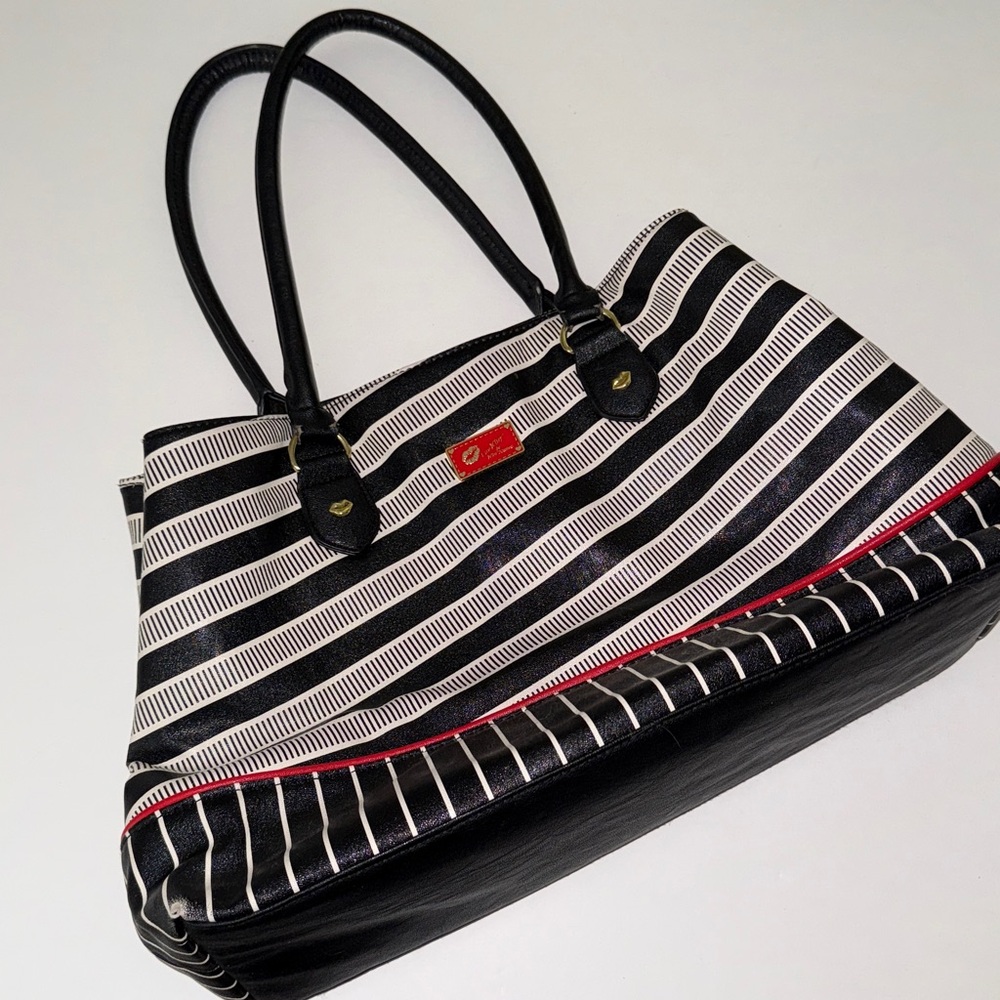 Betsey Johnson- Luv Betsey Black and White Striped Bag/Tote Red Detail